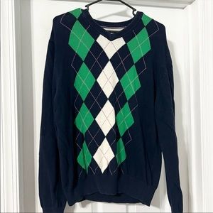 American Eagle Argyle Navy Green White V-Neck Sweater Large